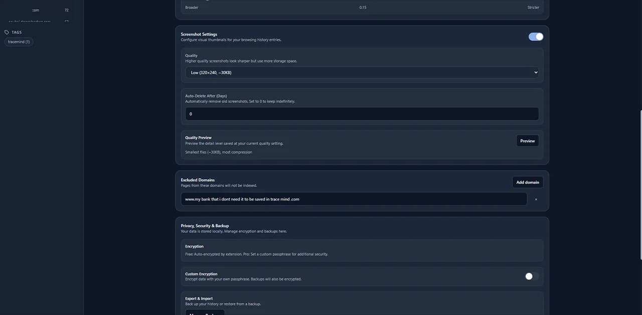 TraceMind privacy settings and controls